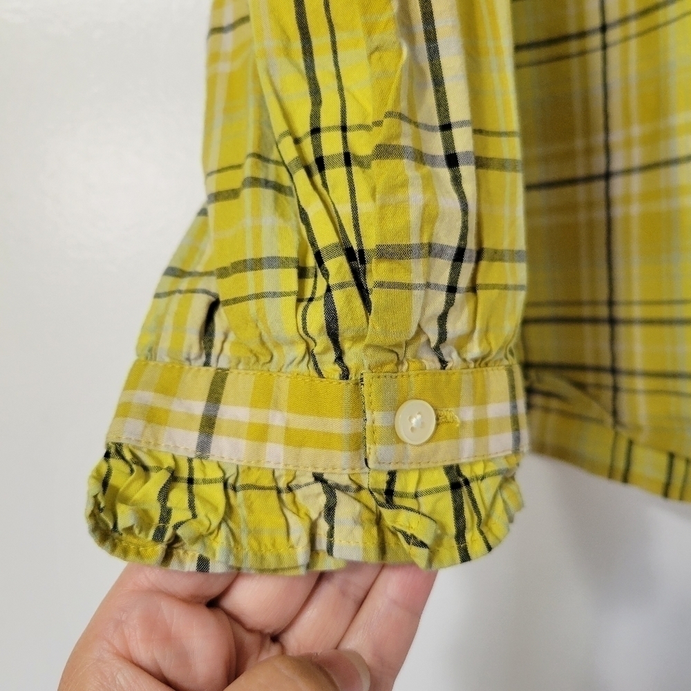 Loft Women's Yellow Plaid Long Sleeve Button Up Ruffle Shirt Size Large - Picture 9 of 12